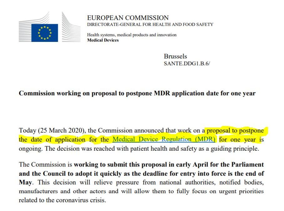 La Comision Europea publica intención de aplazamiento de 1 año en la fecha de aplicación del reglamento MDR