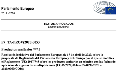 Aprobado el aplazamiento de 1 año en la fecha de aplicación del reglamento MDR a 26 mayo 2021