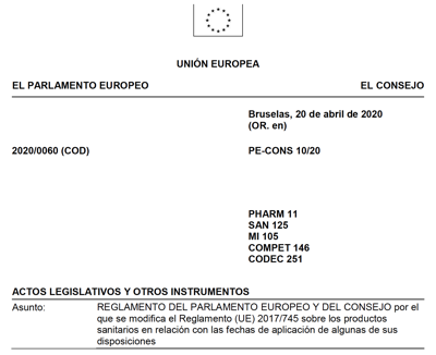 Texto definitivo aprobado en español del aplazamiento de MDR a 26 mayo 2021