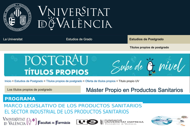 Master en PRODUCTOS SANITARIOS Universidad Valencia 2019-2020