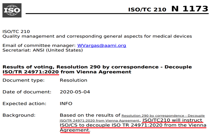 Ya pasó con la ISO 14971:2019 y ahora con su guía la ISO 24971:2020, no se adhiere al acuerdo de Viena y se publicará como CEN sin anexos Z