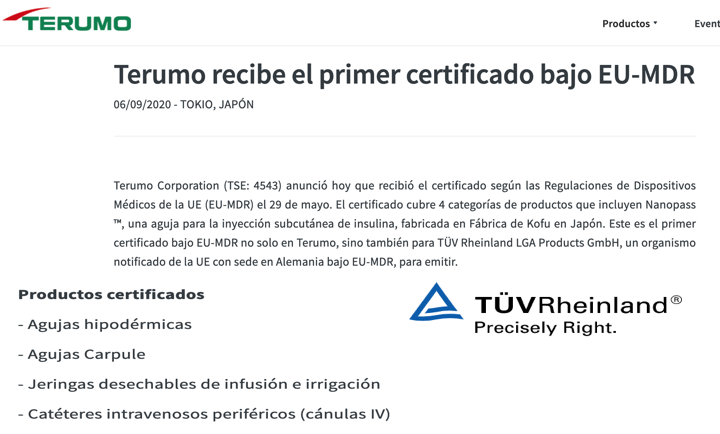 TÜV Rheinland @TUV_es emite el primer certificado con el reglamento MDR a una familia de productos sanitarios de Terumo – Enhorabuena!!