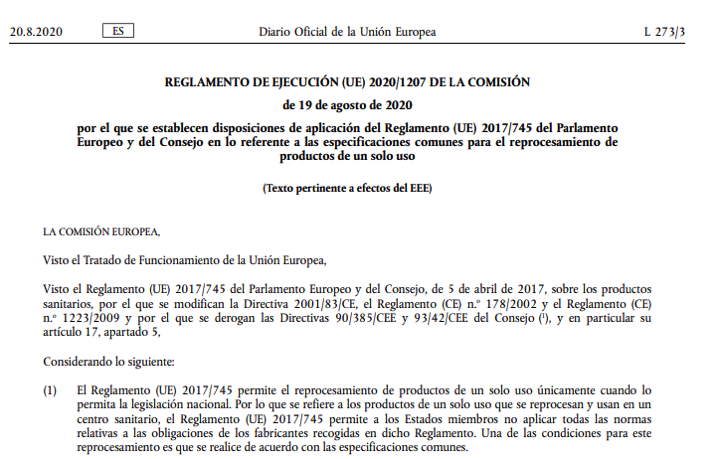 Publicado Reglamento de ejecución (UE) 2020/1207 especificaciones comunes reprocesamiento ps un solo uso