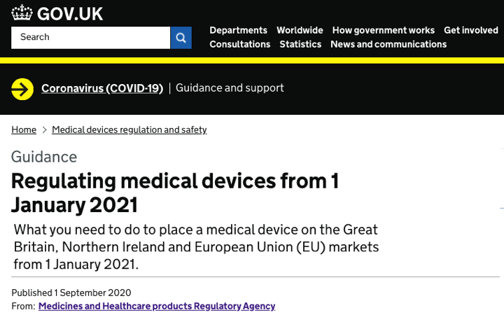 BREXIT – La @MHRAdevices actualiza los requisitos UK para los productos sanitarios a partir de 1 de Enero de 2021