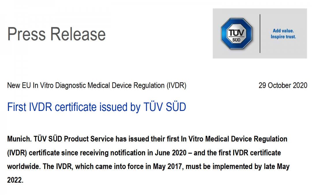 TÜV SÜD @TUVSUD emite el primer certificado con el reglamento IVDR a un producto clase B – Enhorabuena!!