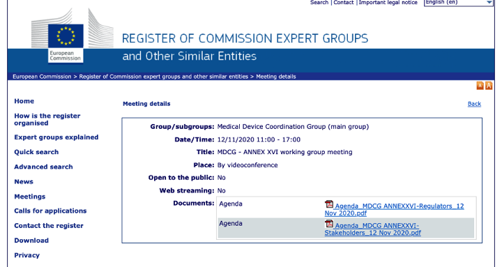 Reunión «MDCG ANNEX XVI Subgroup Stakeholders & Regulators» para tratar las especificaciones comunes para productos sin finalidad médica