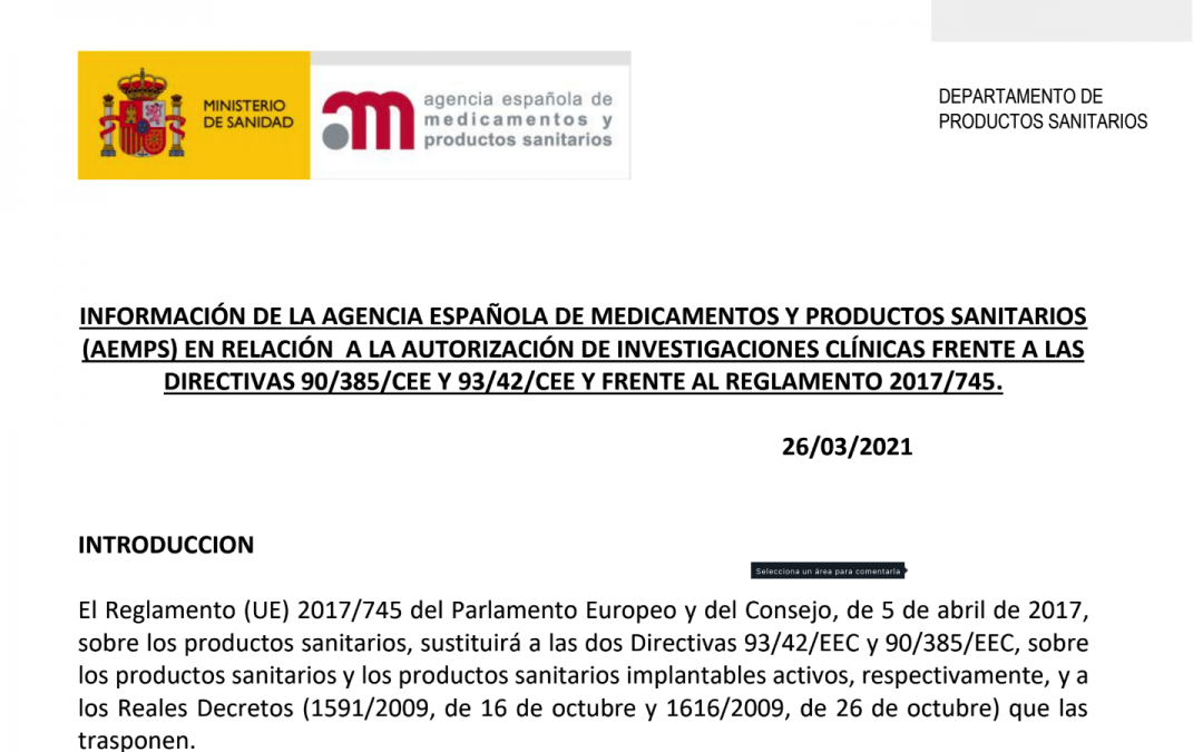 La @AEMPSgob publica una nota informativa sobre las investigaciones clínicas con productos sanitarios con MDR