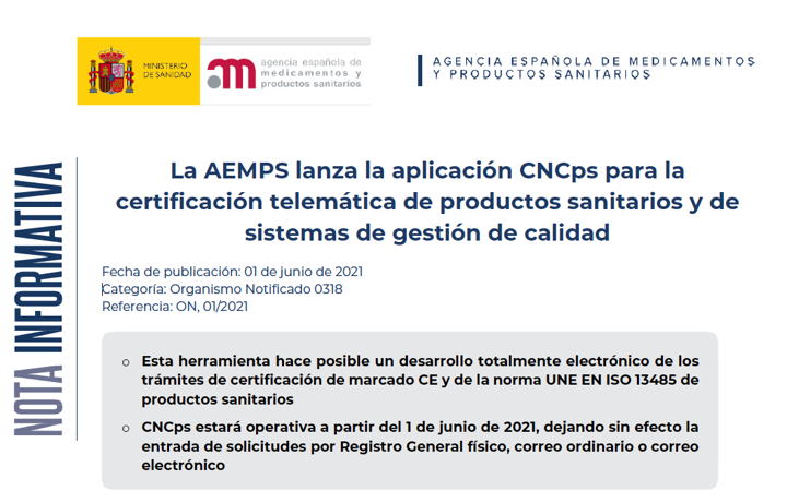 La @AEMPSgob lanza la aplicación CNCps Centro Nacional de Certificación de Productos Sanitarios para la certificación telemática