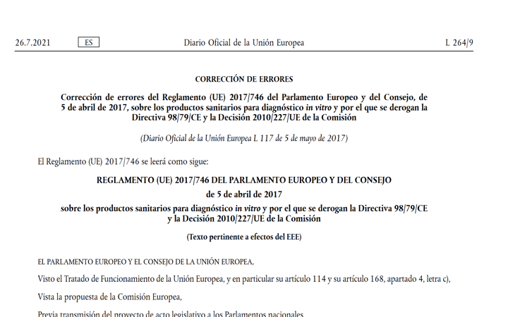 Publicada la corrección de errores del IVDR reglamento (EU) 2017/746