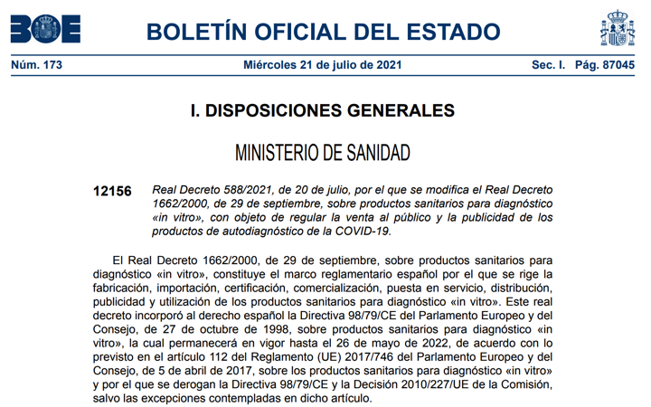 Publicado Real Decreto 588/2021 para regular la venta al publico y publicidad de ps IVD autodiagnostico para COVID-19