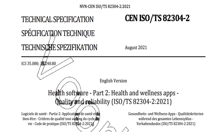 Publicada la EN ISO 82304-2=2021 «Health software — Part 2: Health and wellness apps — Quality and reliability»  de las apps medicas y de bienestar