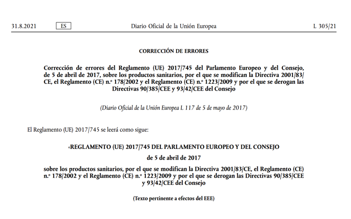 Publicada la corrección de errores de la versión española del MDR – reglamento (EU) 2017/745