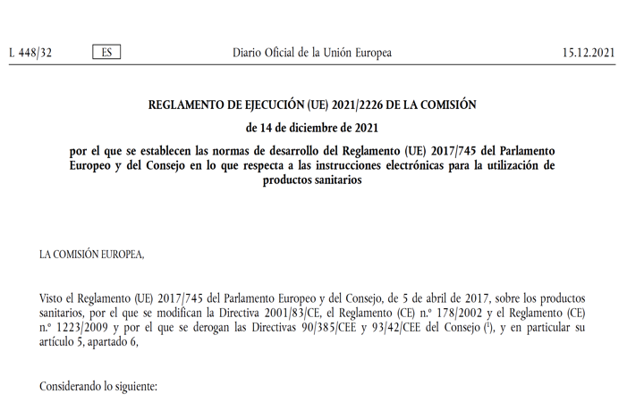 La Comisión publica el Reglamento de ejecución 2021/2226 relativo a eIFU para MDR