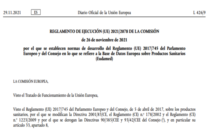 La Comisión publica el Reglamento de ejecución 2021/2078 relativo a EUDAMED