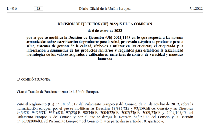 Publicada nueva lista de normas armonizadas con IVDR – Decision de Ejecucion (UE) 2022/15 incluyendo edicion 2021 de EN ISO 13485 y EN ISO 15223-1