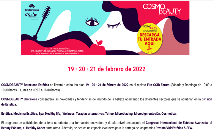 Feria @CosmobeautyBCN 19 a 21 febrero 2022 con equipos de electroestética de anexo XVI que estarán regulados por el reglamento de productos sanitarios MDR