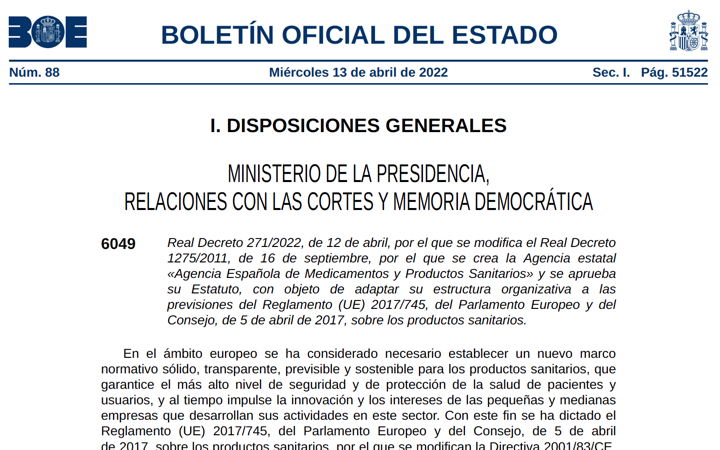 La AEMPS modifica su estructura incluyendo el CNCPS como ON0318 para adaptarse a los reglamentos mediante el Real Decreto 271/2022 – @AEMPS_gob