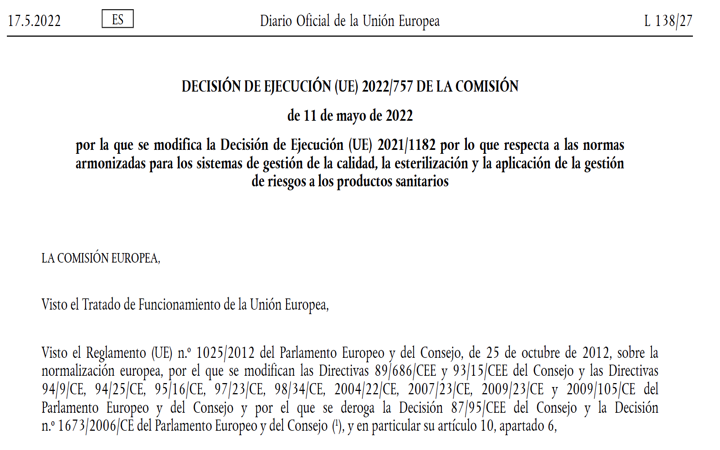 Publicada nueva lista de normas armonizadas con MDR – Decision de Ejecución (UE) 2022/757 incluyendo la EN ISO 14971