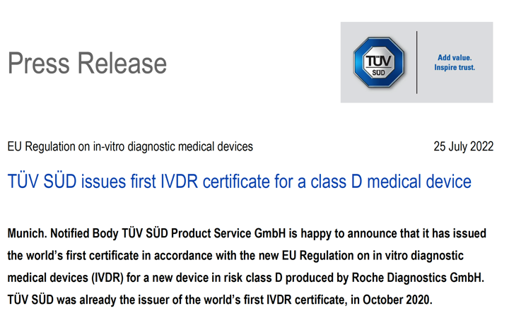 El Organismo Notificado TÜV SÜD @TUVSUD emite el primer certificado para un producto clase D con el reglamento IVDR a ROCHE – Enhorabuena!!