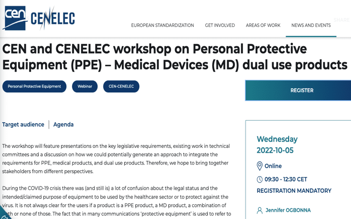 CEN y CENELEC @Standards4EU anuncian una presentación el 5’Oct 2022 9h30-12h30 sobre productos EPI-MD de uso dual (por ejemplo algunas mascarillas)