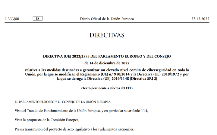 Publicada directiva 2022/255 NIS2 de medidas de ciberseguridad en la UE que incluye en sectores críticos a los fabricantes de productos sanitarios