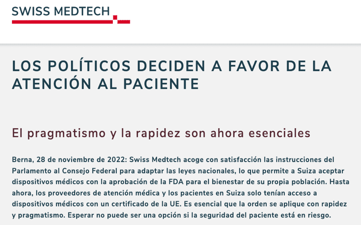 Suiza reconocerá los productos aprobados por la FDA