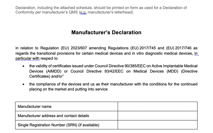 @MedtechEurope ( @FENIN_es ) publica un modelo de «Manufacturer’s Declaration» a emitir por el fabricante para indicar la aplicación de la prorroga del reglamento 2023/607 a sus productos