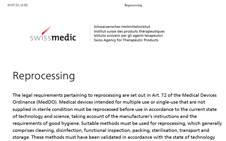 Publicado por SWISSMEDIC una Guia de Reprocesado de Productos Sanitarios (excluyendo los ps de un solo uso)