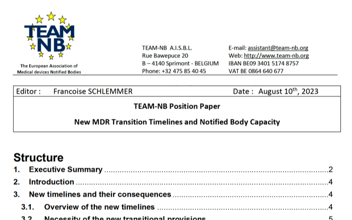 Team-NB publica el position paper «New MDR Transition timelines and NB Capacity»