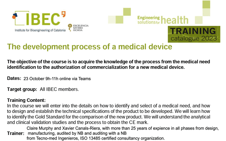 Formación del @IBECbarcelona «The Development process of a medical device» 23 Oct’2023 online con la participación de @Tecno_med