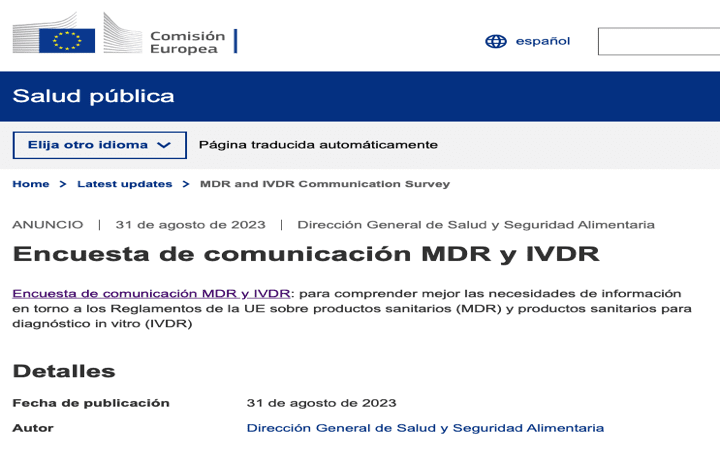 La Comisión Europea publica una encuesta para las partes interesadas (fabricantes, importadores, distribuidores, hospitales …) afectadas por MDR/IVDR (agosto 2023)