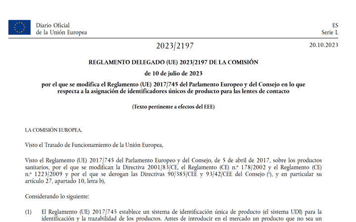 Publicado Reglamento Delegado (UE) 2023/2197 modificando MDR para el UDI de las lentes de contacto aplicable a partir 9’Nov 2025