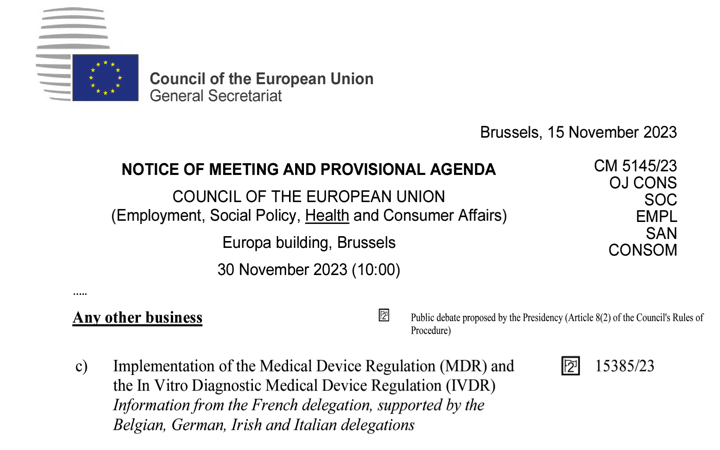 El Consejo EPSCO (Ministerios Sanidad Europeos) trata el 30 de noviembre de 2023 la implementación de MDR e IVDR a petición de la delegación francesa