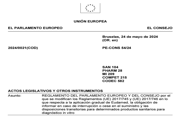 Publicado @EU_Health el reglamento (UE) 2024/1860 de ampliación periodos transitorios IVDR, aplicación EUDAMED y obligación informar cese suministro