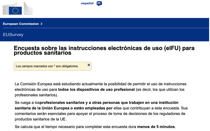 La Comisión Europea publica una encuesta dirigida los profesionales sanitarios sobre las eIFU – Instrucciones de uso electrónicas